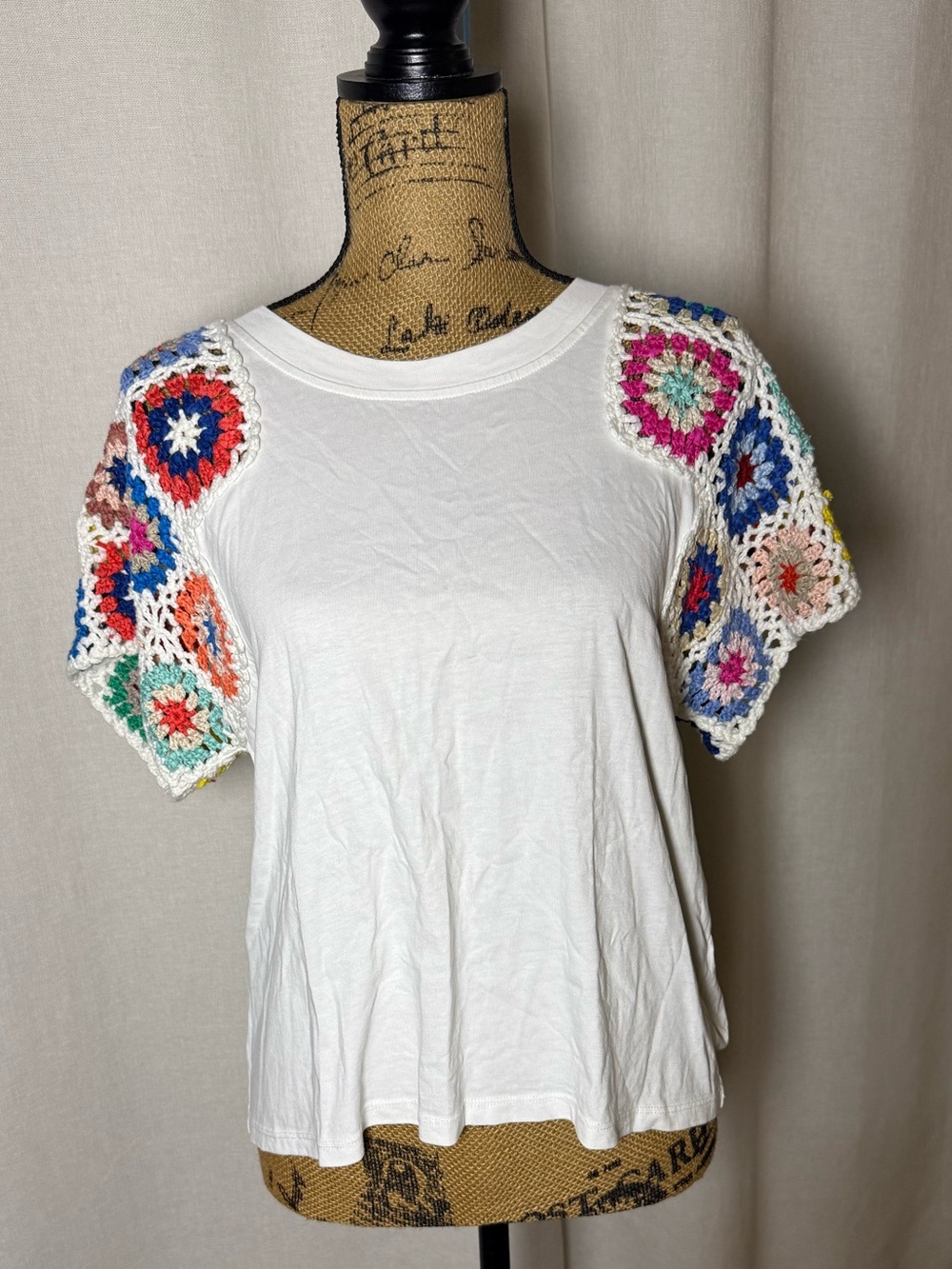 Entro White Tee with Multicolor Crochet Sleeves 100% cotton